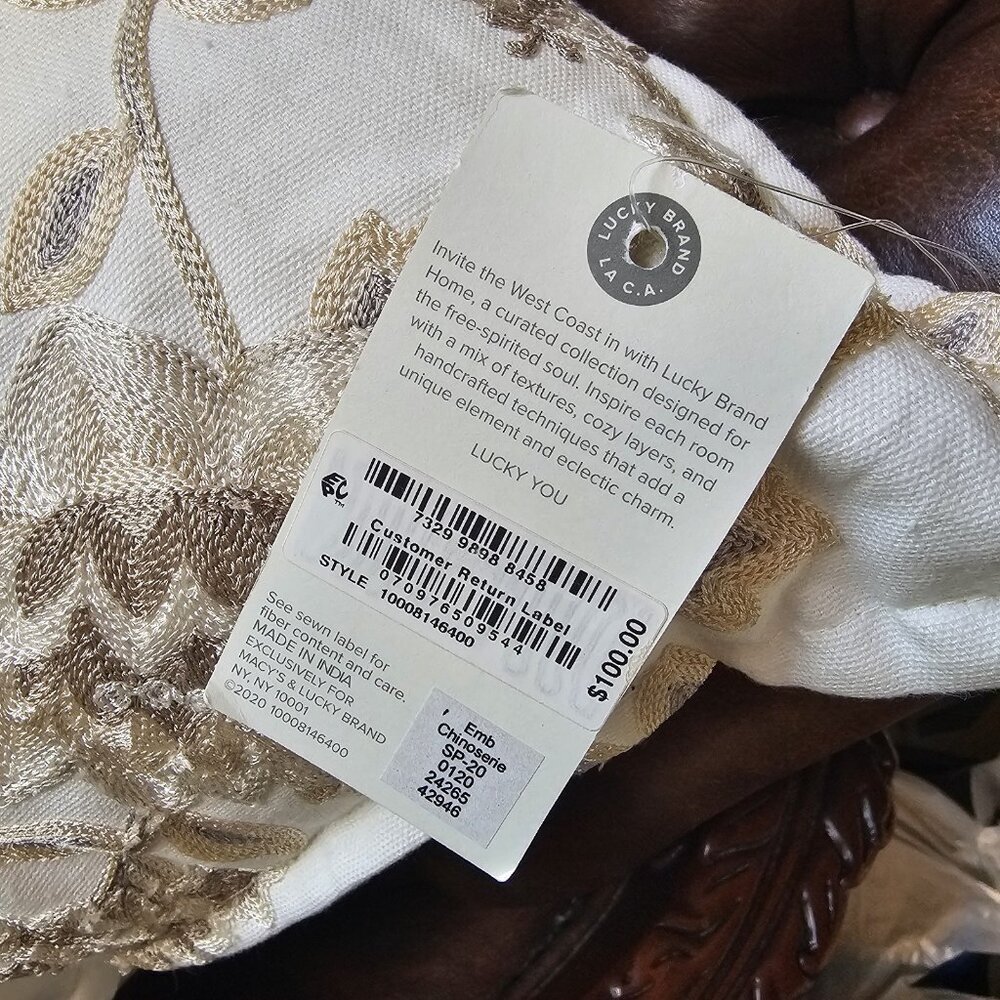 Lucky Brand Home Square embroidered beige floral/ Bird pillow 20 X 20 NWT - Picture 4 of 8